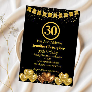 Convite Partido Elegante aniversário de 30 anos de Negro e