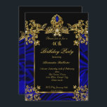 Convite Partido Elegante aniversário de 40 anos da Seda Re<br><div class="desc">Festa de aniversário do Partido Elegante das Imagens de Diamante Negro Azul Azul-Dourado da Seda. Você pode mudar a idade! Personalize com seus próprios detalhes.</div>