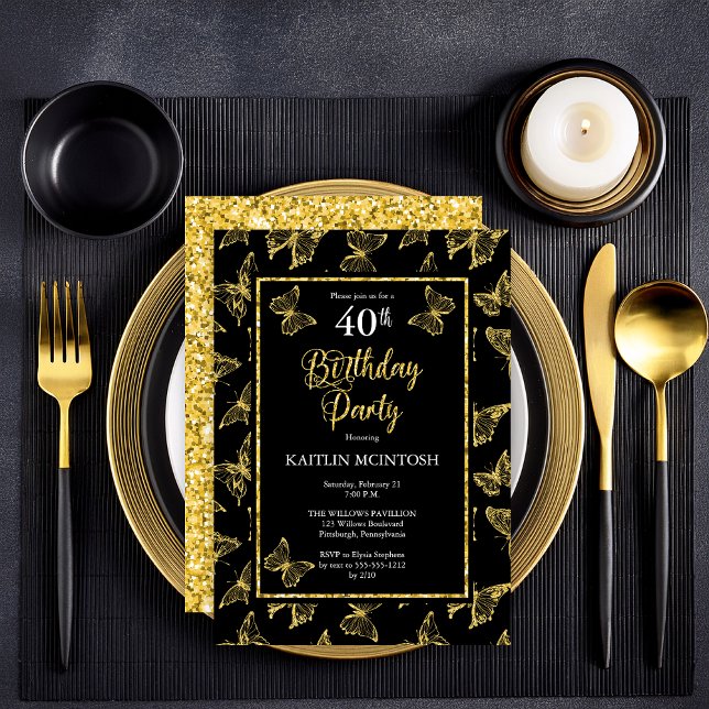 Convite Partido Elegante Black Dourado Butterflies anivers (Elegant Black and Faux Gold Glitter Butterflies 40th Birthday Party Invitation - Print | Digital)