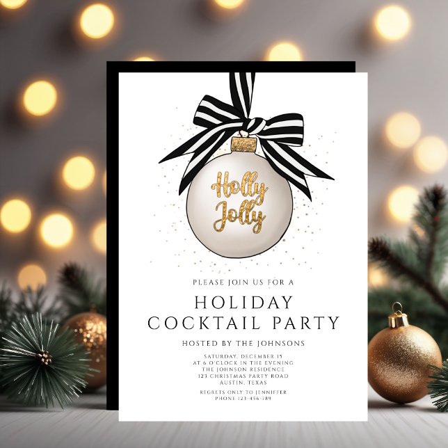 Convite Partido Elegante Black Dourado Holiday Cocktail (Elegant Black White Gold Holiday Cocktail Party Invitation)