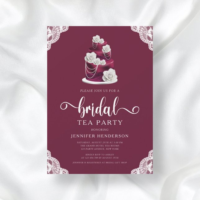 Convite Partido Elegante Burgundy Bridal Tea (Criador carregado)