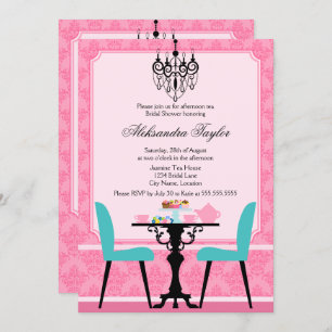 Convite Partido Elegante Damask e Chandelier Pink Aqua Tea