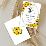 Convite Partido Elegante de aniversário de 30 anos de Gira<br><div class="desc">Bonito convite para o aniversário de 30 anos floral amarelo de girassol. Peônias amarelas e margaridas brancas se misturam com os girassóis. Um quadro de ouro lhe dá uma vibração elegante. Muito fácil de personalizar. Essa parte de trás é branca com um buquê de girassol. Isto é perfeito para uma...</div>