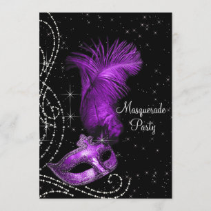 Convite Partido Elegante de Mascarada preto e roxo
