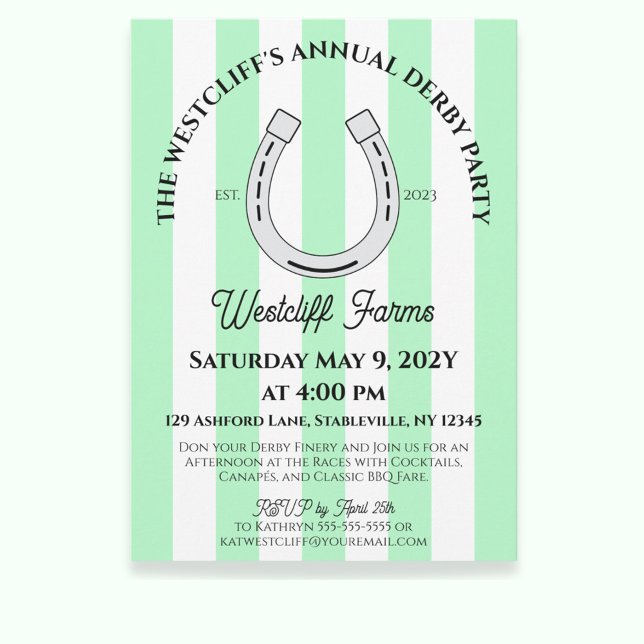 Convite Partido Elegante Derby Mint Cabana Stripe Horsfere (Mint Green Cabana Stripes Horseshoe Derby Horse Racing Party Invitation)