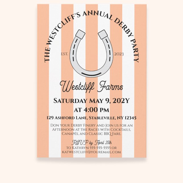Convite Partido Elegante Derby Peach Cabana Stripe Horsfer (Peach Cabana Stripes Horseshoe Derby Horse Racing Party Invitation)