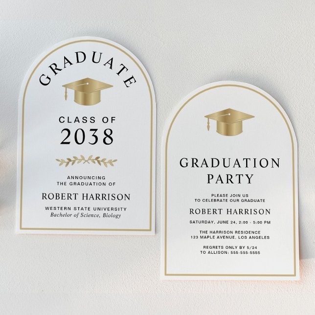 Convite Partido Elegante do Formandos Branco Dourado (An elegant arch-shaped graduation party invitation to celebrate the graduate's achievements)