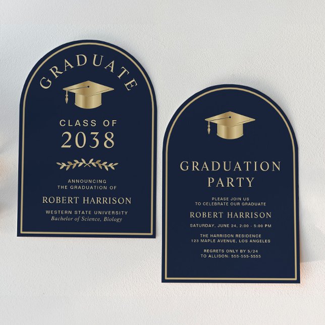 Convite Partido Elegante do Formandos Dourado Azul (An elegant arch-shaped college graduation party invitation to celebrate the graduate's achievements)