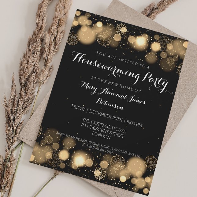 Convite Partido Elegante do Inverno do Inverno Dourado (Elegant Winter Housewarming Party Gold Invitation)