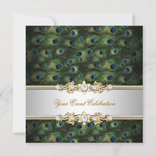 Convite Partido Elegante Dourado Azul de Peacock Verde
