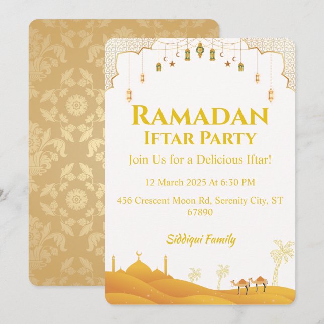 Convite Partido Elegante Dourado Ramadan Iftar (Frente/Verso)