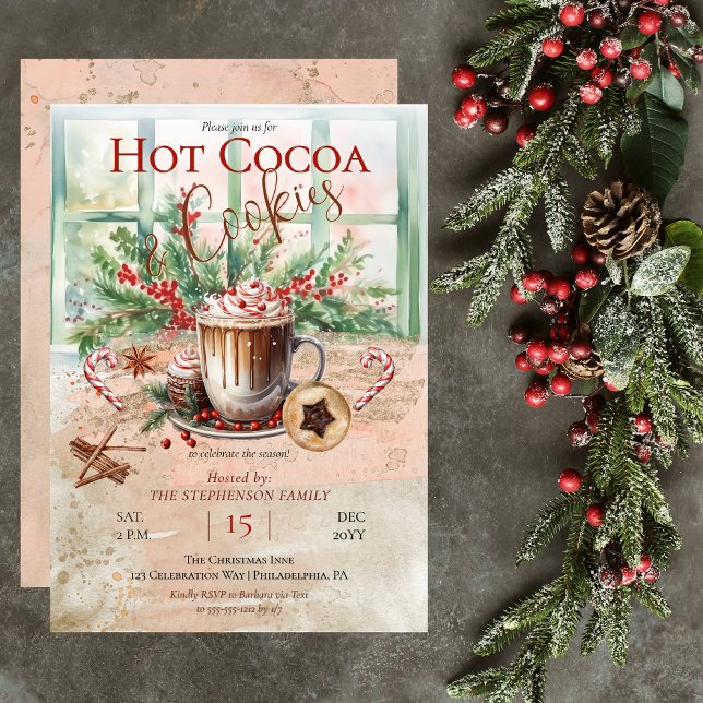 Convite Partido Elegante e Nostálgico do Cacau Quente e do (Elegant and Nostalgic Hot Cocoa and Cookies Christmas Holiday Party Invitation)