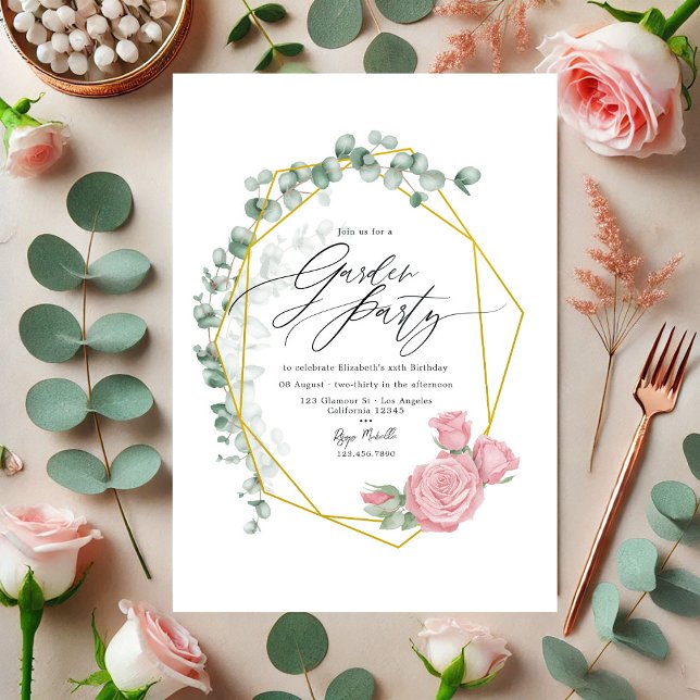 Convite Partido Elegante Eucalyptus e Jardim de Rosas Rosa (Elegant Eucalyptus and Pink Roses Garden Party Invitation)