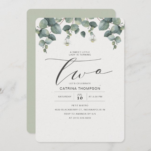 Convite Partido Elegante Eucalyptus Greenery segundo anive (Frente/Verso)