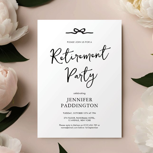 Convite Partido Elegante Mínimo de Aposentação Preto e Bra (Elegant minimalist retirement party invitation with handwritten style font and hand drawn bow)