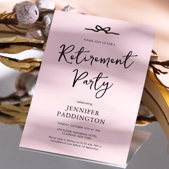 Convite Partido Elegante para Reforma Feminina Rosa (Feminine blush pink and black bow retirement party invitation with fully editable text and colors)