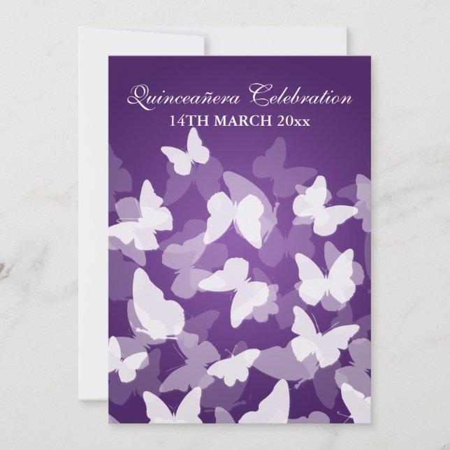 Convite Partido Elegante Quinceañera Borboleta Roxo (Frente)