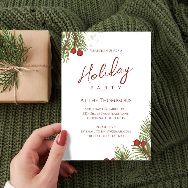 Convite Partido Elegante Red Holly Berries Feriado (Holiday party red and green pine branch invitations. )