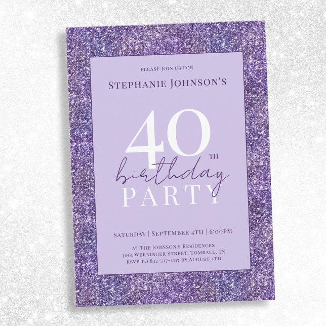 Convite Partido Elegante Roxo aniversário de 40 anos (Elegant Purple Glitter 40th Birthday Party Invitation)
