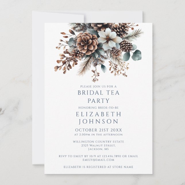 Convite Partido Elegante Russo Pinecone Floral Bridal Tea (Frente)