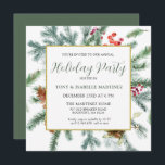 Convite Partido Elegante Rustic Winter Botanay<br><div class="desc">Este modelo de Y quadrado apresenta uma estrutura dourada decorada com galhos de pínus,  bagas vermelhas e cones de pínus. Muito espaço branco lhe dá um sentimento aberto e elegante.</div>