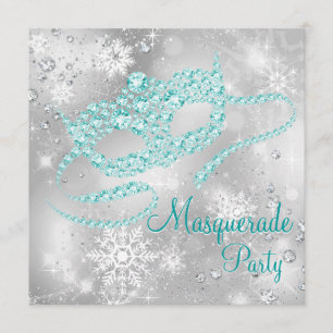 Convite Partido Elegante Silver e Teal Blue Mascarada