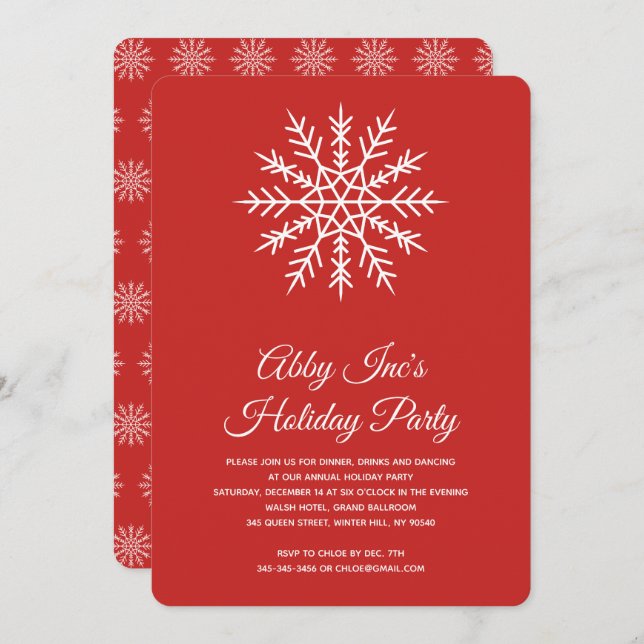 Convite Partido Elegante Snowflake Corporate Red Holiday (Frente/Verso)