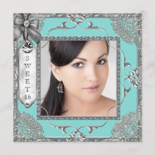 Convite Partido Elegante Teal Blue e Silver Sweet 16