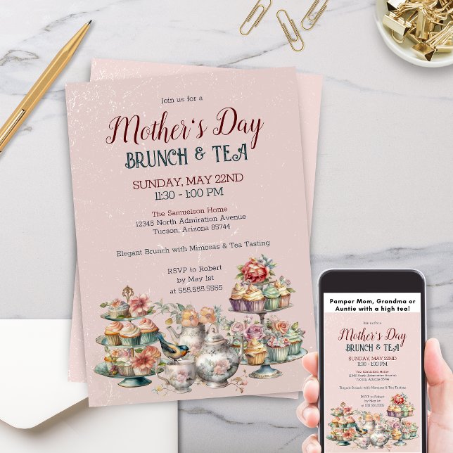 Convite Partido Elegante Vitoriano Dia de as mães Brunch T (Elegant Victorian Mother's Day Tea Party Invitation with Floral Greenery and Vintage Pastries)