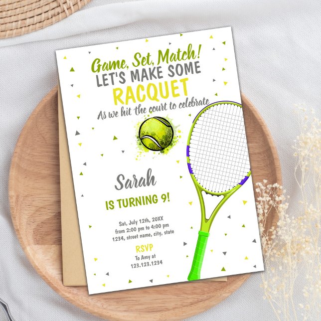 Convite Partido Esportivo Editável Convidar Crianças ou Ad (Gray Light Green Tennis Birthday Invitations)