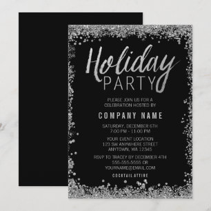 Convite Partido Faux Glitter Black Holiday Silver Faux
