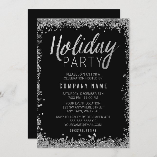 Convite Partido Faux Glitter Black Holiday Silver Faux (Frente/Verso)