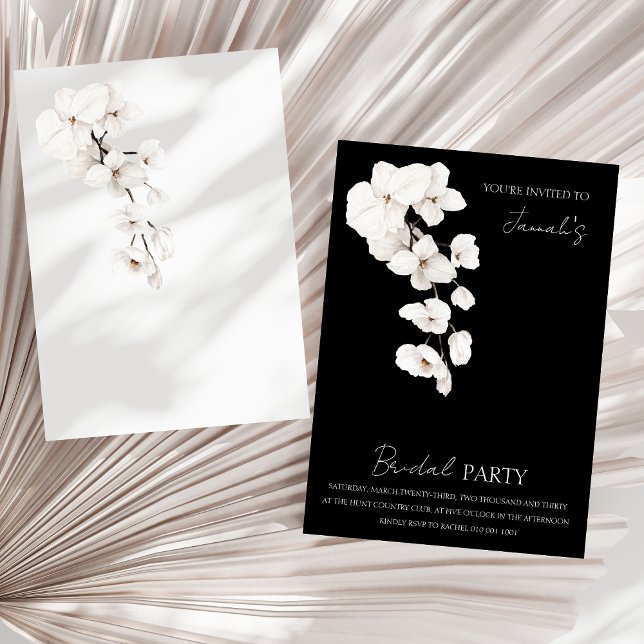 Convite Partido Floral Branca das Orquídeas Negras Moderna (Modern Black White Orchids Floral Bridal Party Invitation)