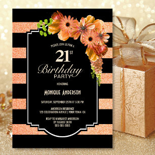 Convite Partido Floral de Coral com aniversário de 21 ano