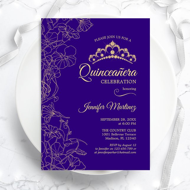 Convite Partido Floral de Quinceanera Dourado Roxo (Criador carregado)