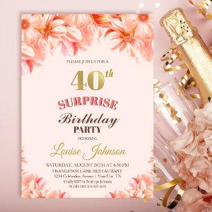 Convite Partido Floral Dourado Rosa-aniversário de 40 anos