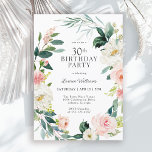 Convite Partido Floral Rosa do Blush Blush<br><div class="desc">Um convite de festas aniversário de 30 anos lindamente feminino enquadrado em uma coroa de rosas brancos cor-de-água, cor-de-rosa e branco, e verde à deriva. As combinações de cores são femininas e alegres para preparar seus convidados para uma feliz celebração. Personalize com seus detalhes de evento substituindo o texto de...</div>