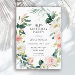 Convite Partido Floral Rosa do Blush Blush<br><div class="desc">Um convite de festas aniversário de 40 anos lindamente feminino enquadrado em uma coroa de rosas brancos cor-de-água, cor-de-rosa e branco, e verde à deriva. As combinações de cores são femininas e alegres para preparar seus convidados para uma feliz celebração. Personalize com seus detalhes de evento substituindo o texto de...</div>
