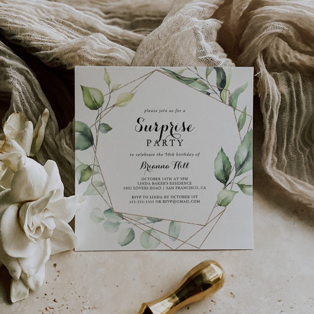 Convite Partido Geométrico Elegante Dourado Greenery Surpr (Criador carregado)
