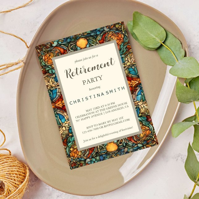 Convite Partido Geométrico Mosaico de Aposentação de Vidro (Geometric Mosaic Stained Glass Retirement Party Invitation)