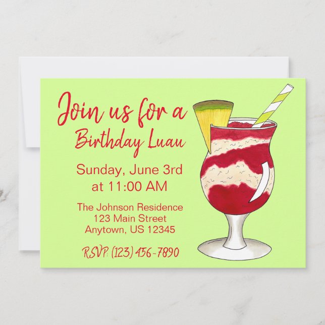 Convite Partido Havaiano Lava Flow Cocktail Luau Island (Frente)