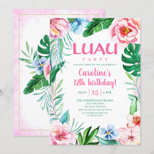 Convite Partido Havaiano Luau Tropical Floral Rosa, Aniver