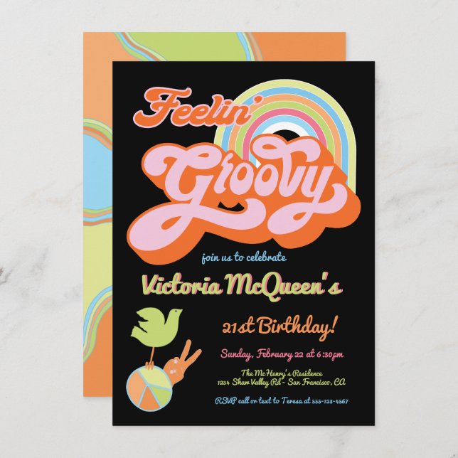 Convite Partido Hippie Groovy dos anos 70 (Frente/Verso)