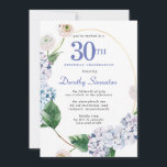 Convite Partido Hydrangea Rosa aniversário de 30 anos<br><div class="desc">Flores de hydrangea azuis e flores de rosa escamas decoram uma estrutura oval dourada. Uma botânica moderna,  aberta e arejada.</div>
