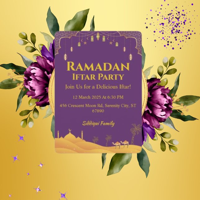Convite Partido Iftar Do Ramadã, Dourado E Roxo Elegante (Criador carregado)