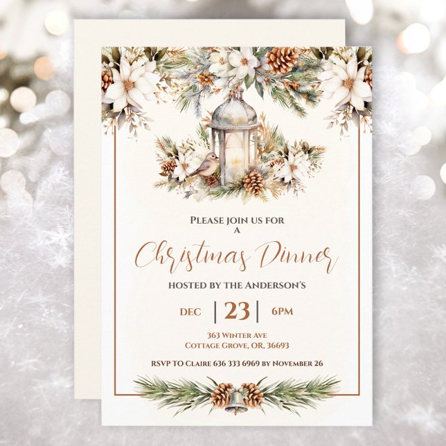 Convite Partido Jante de Natal Branco e Creme Elegante (Christmas Dinner Pine White and Cream Elegant Invitation)