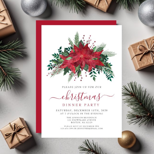 Convite Partido Jante de Natal Floral de Red Poinsettia (Red Poinsettia Floral Christmas Dinner Party Invitation)