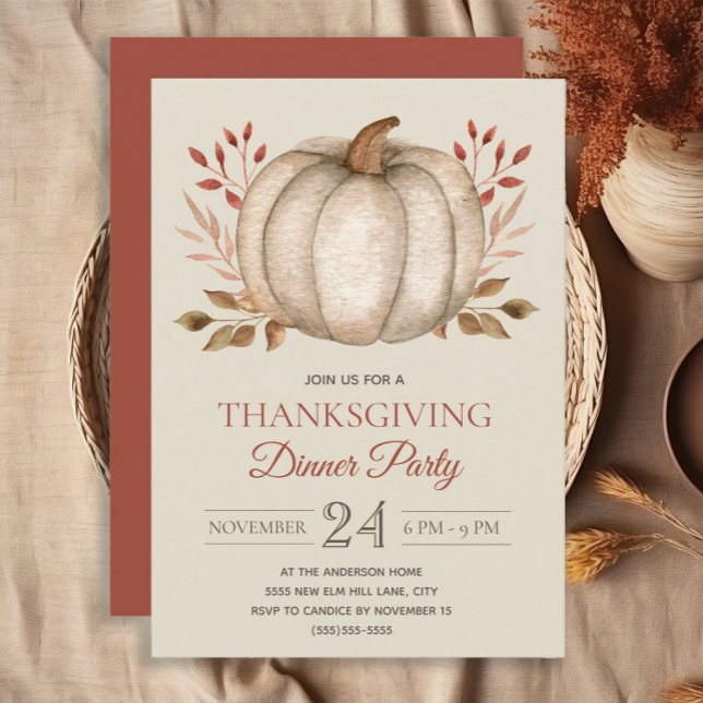 Convite Partido Jante Russo Elegante Pumpkin de Ação de Gr (White pumpkin burnt orange Thanksgiving Dinner invitation)