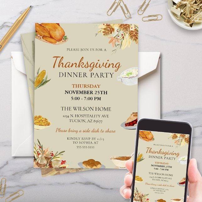 Convite Partido Jante Rustic Traditional Thankanding (Traditional Thanksgiving Dinner Party invitation with turkey fall floral pie stuffing and corn)