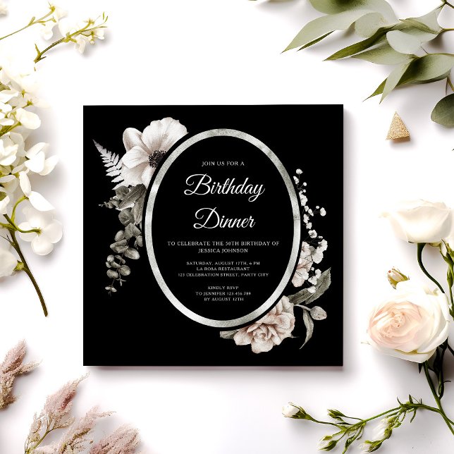 Convite Partido Janto de Aniversário Floral Negro Elegante (Elegant Floral Cream Black Birthday Dinner Party Invitation)